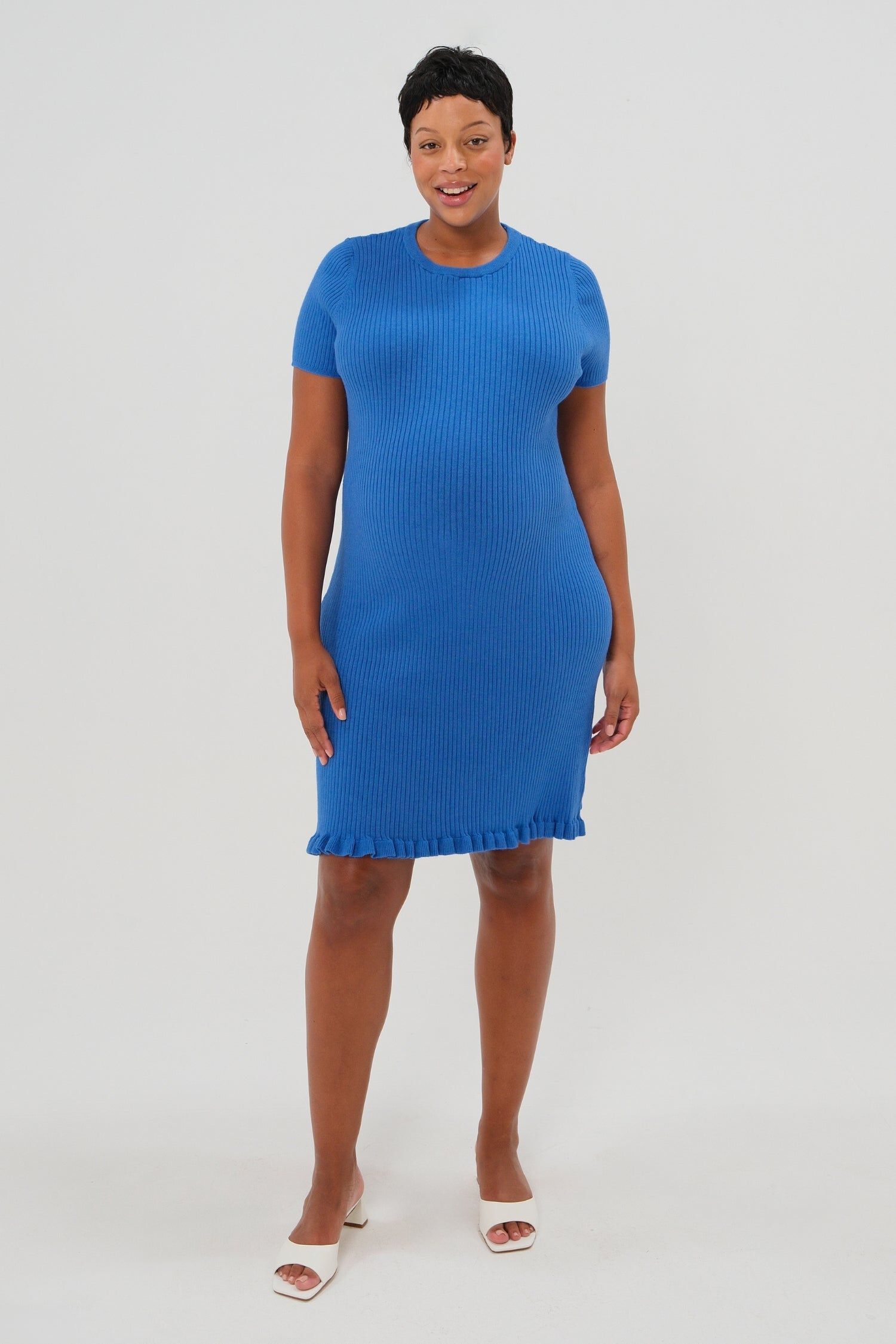 Women&#39;s Short Sleeve Knit Maternity Knee Length Sweater Dress with Hem Detail, Blue / Azure Blue, hi-res image number 0