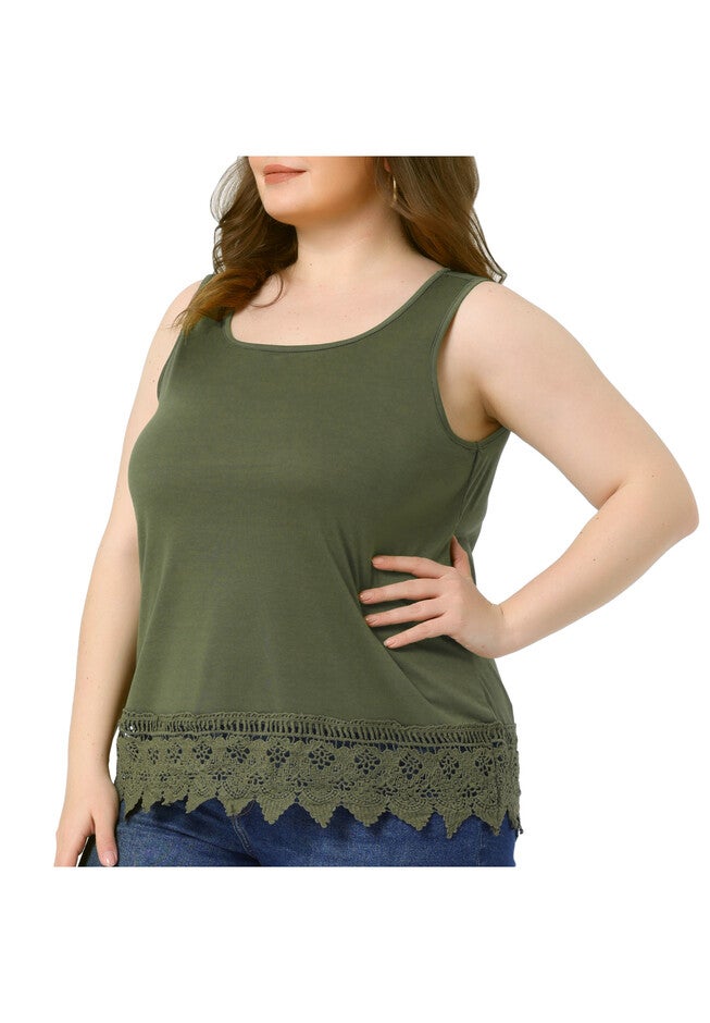 Round Neck Sleeveless Swing Lace Panel Flowy Top, Army Green / Olive Green, alternate image number 1
