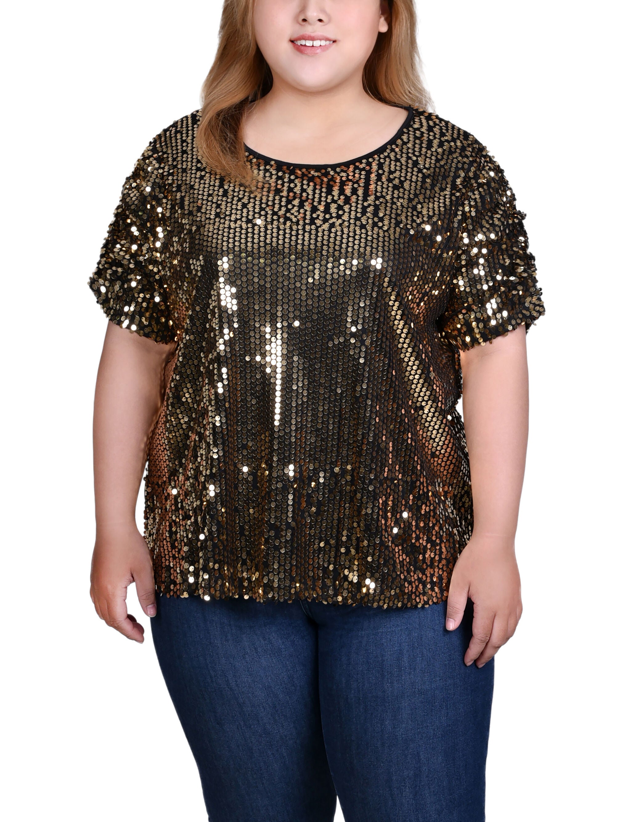 Short Sleeve Sequined Top, Gold, hi-res image number 0