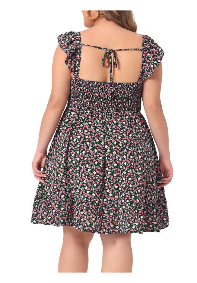 Sweetheart Neck Ruffle Sleeveless Backless Summer Floral Dress, Black / Black, alternate image number 3