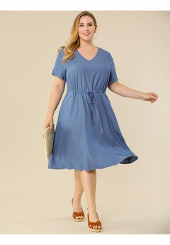 V Neck Short Sleeve A Line Flowy Midi Chambray Dress
