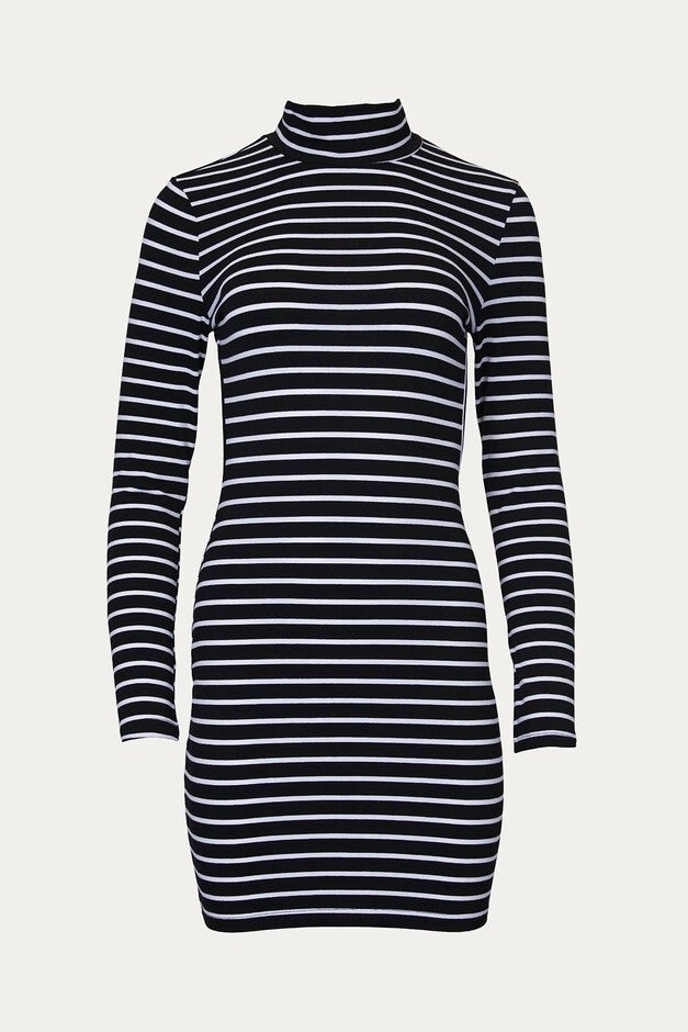OPEN-BACK TURTLENECK MINI DRESS IN BLACK STRIPE, Black Stripe / Black, hi-res image number 0