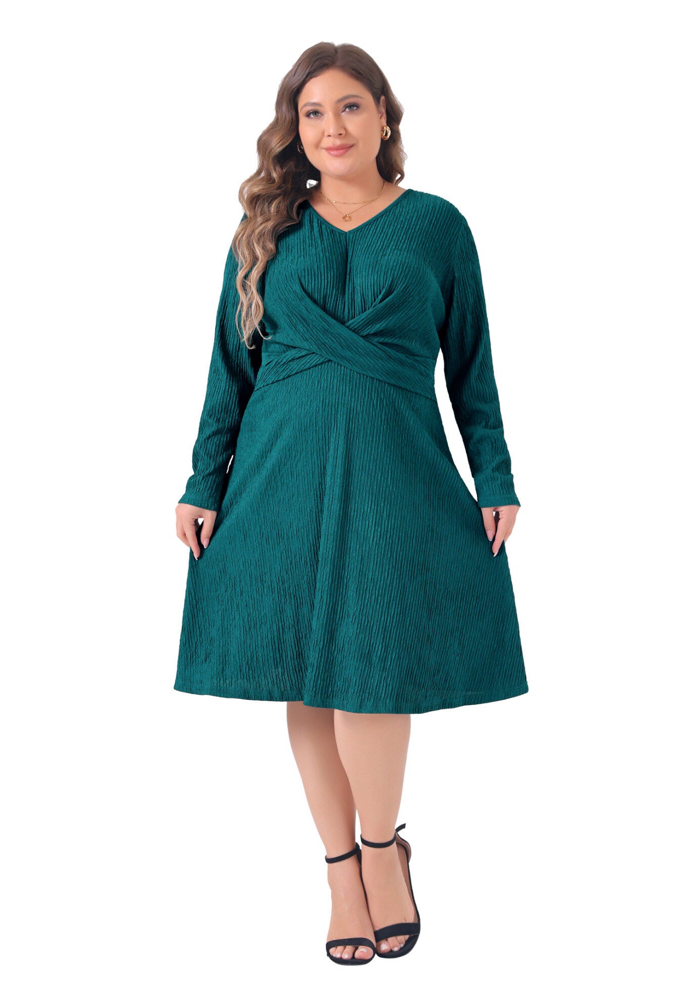 Long Sleeve Elegant Knitted Criss Cross V Neck Sweater Midi Dress, Green / Teal, hi-res image number 0