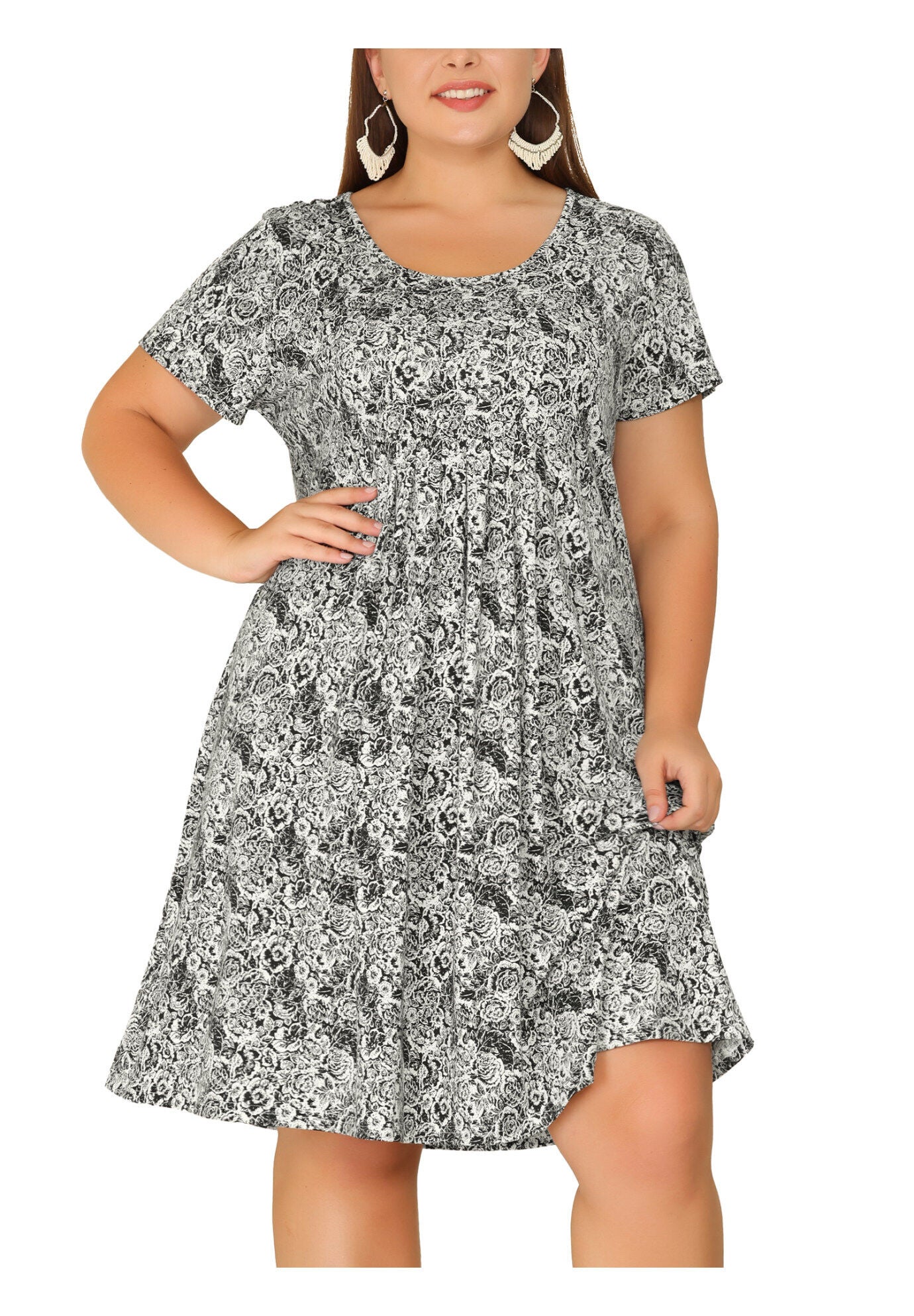 Short Sleeves Pleated Summer Beach Casual Loose Floral Dress, White / White, alternate image number 1