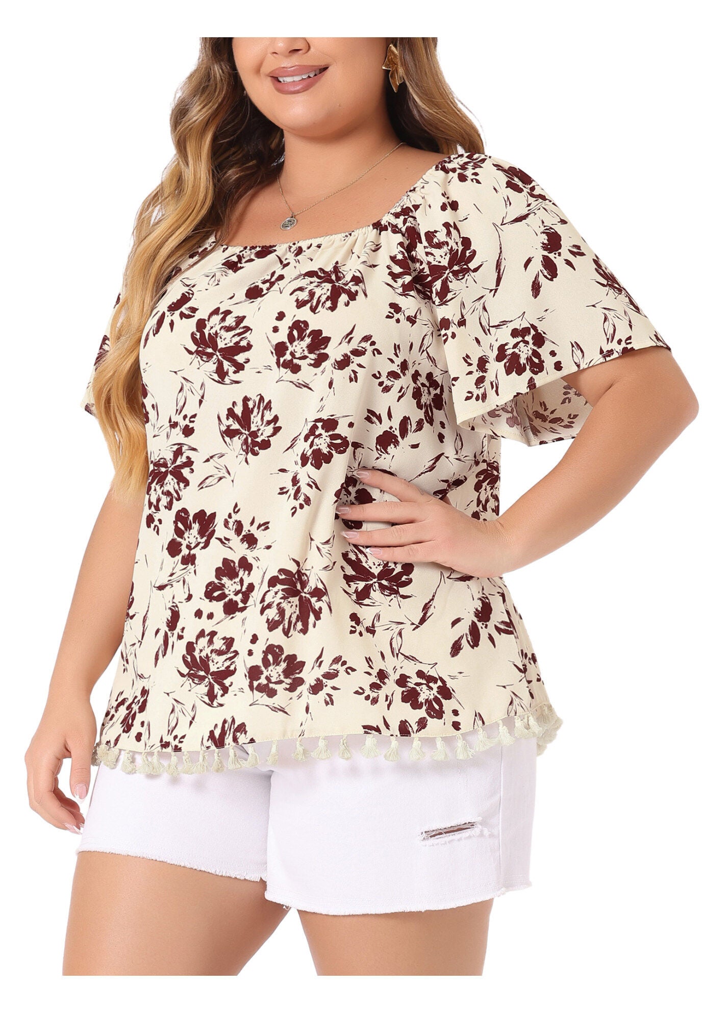 Square Neck Floral Tassel Hem Boho Tops, Beige / Beige, alternate image number 1