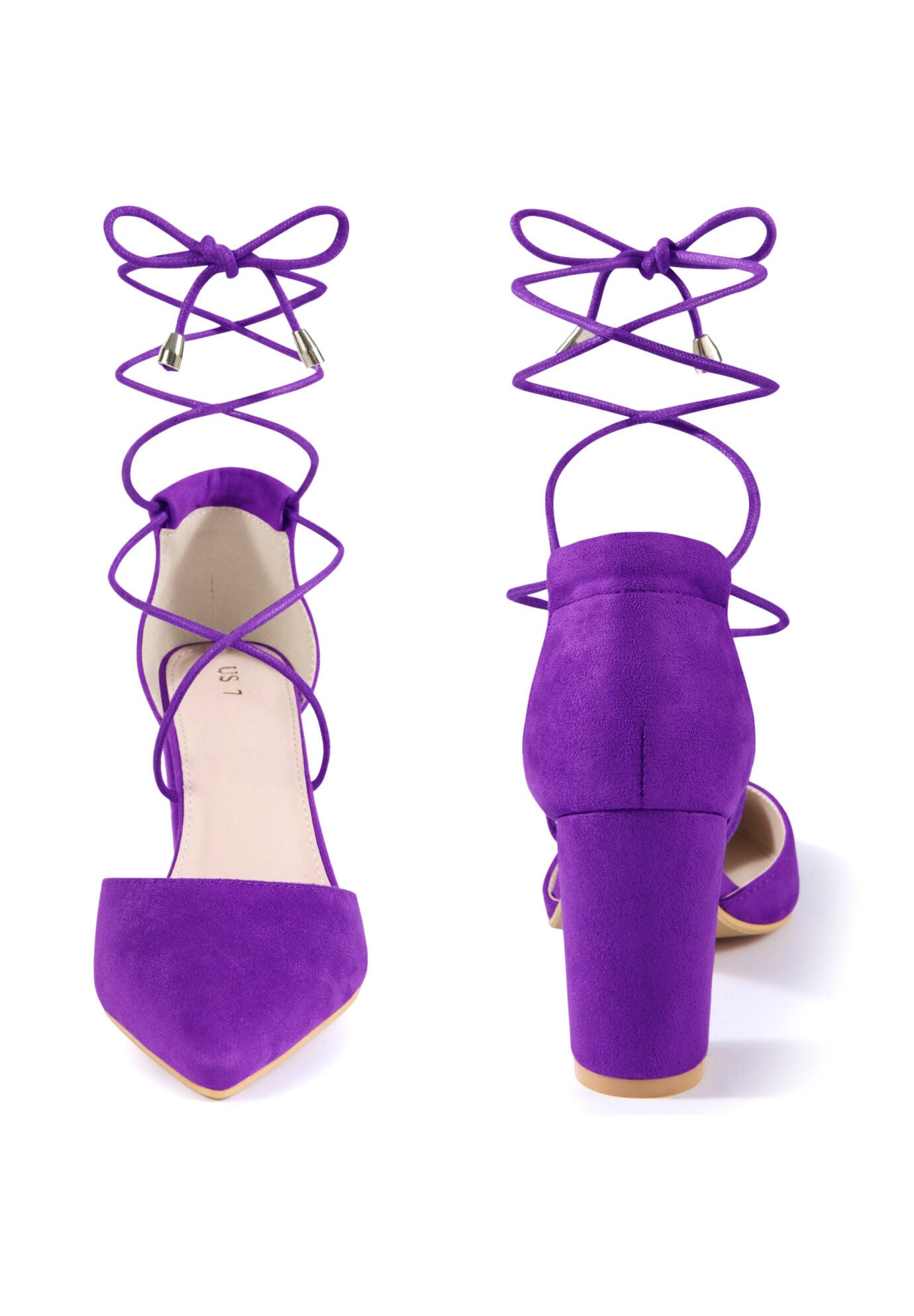 Pointy Toe Lace Up Chunky Heeled Sandal Pumps, Purple / Purple, alternate image number 1