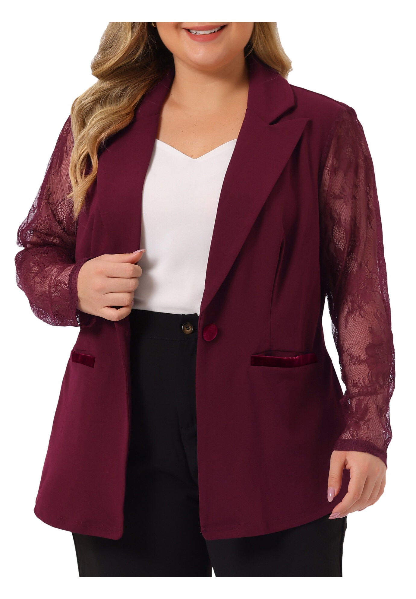 NOTCH LAPEL LACE FRONT BLAZER JACKET, Red / Red, alternate image number 2
