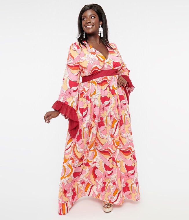 Unique Vintage 1960s Pink & Red Psychedelic Floral Maxi Dress, , alternate image number 6