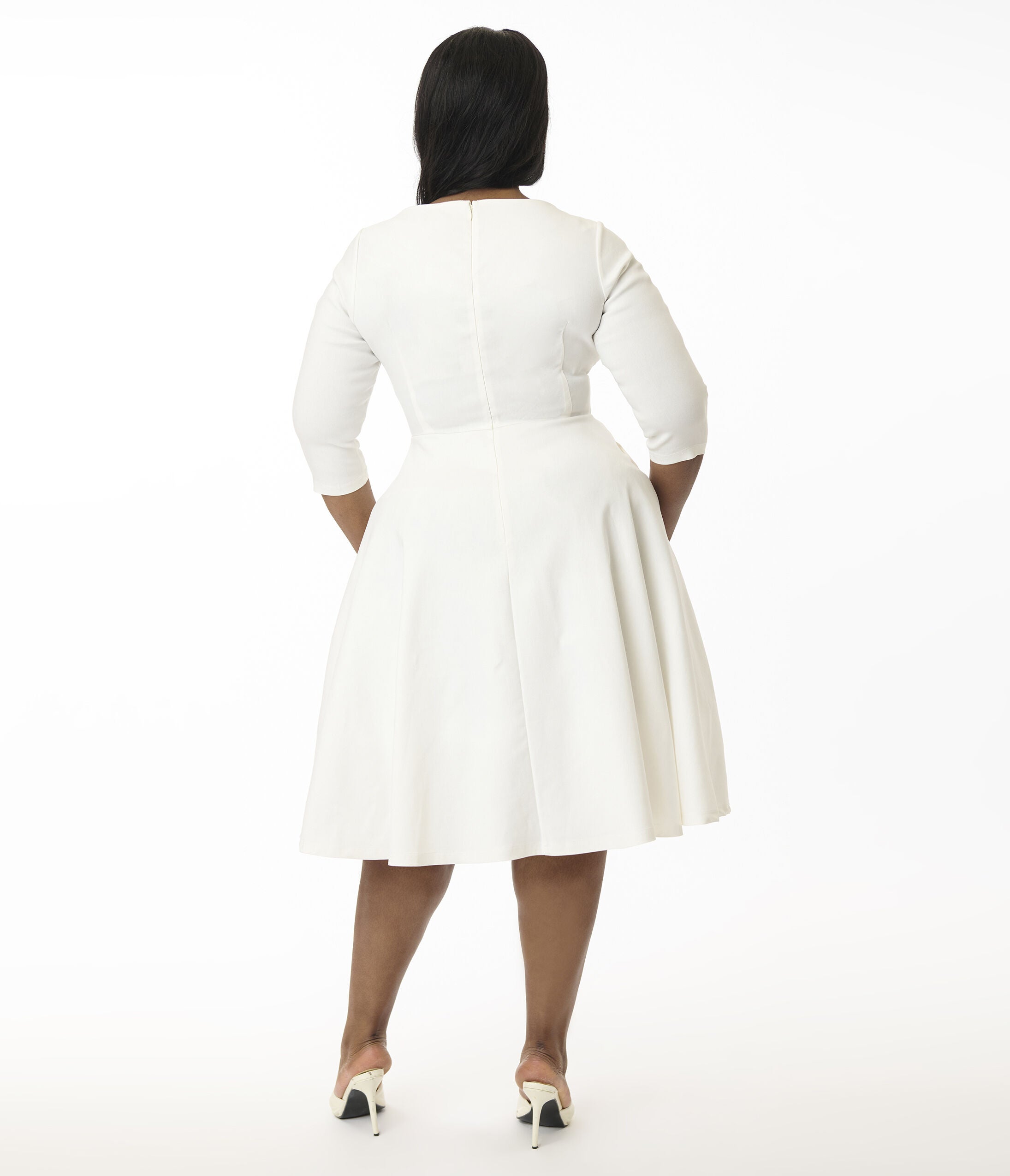 Unique Vintage Plus Size 1950s Emerald Green Pleated Bust Swing Dress, Ivory / Ivory, alternate image number 2