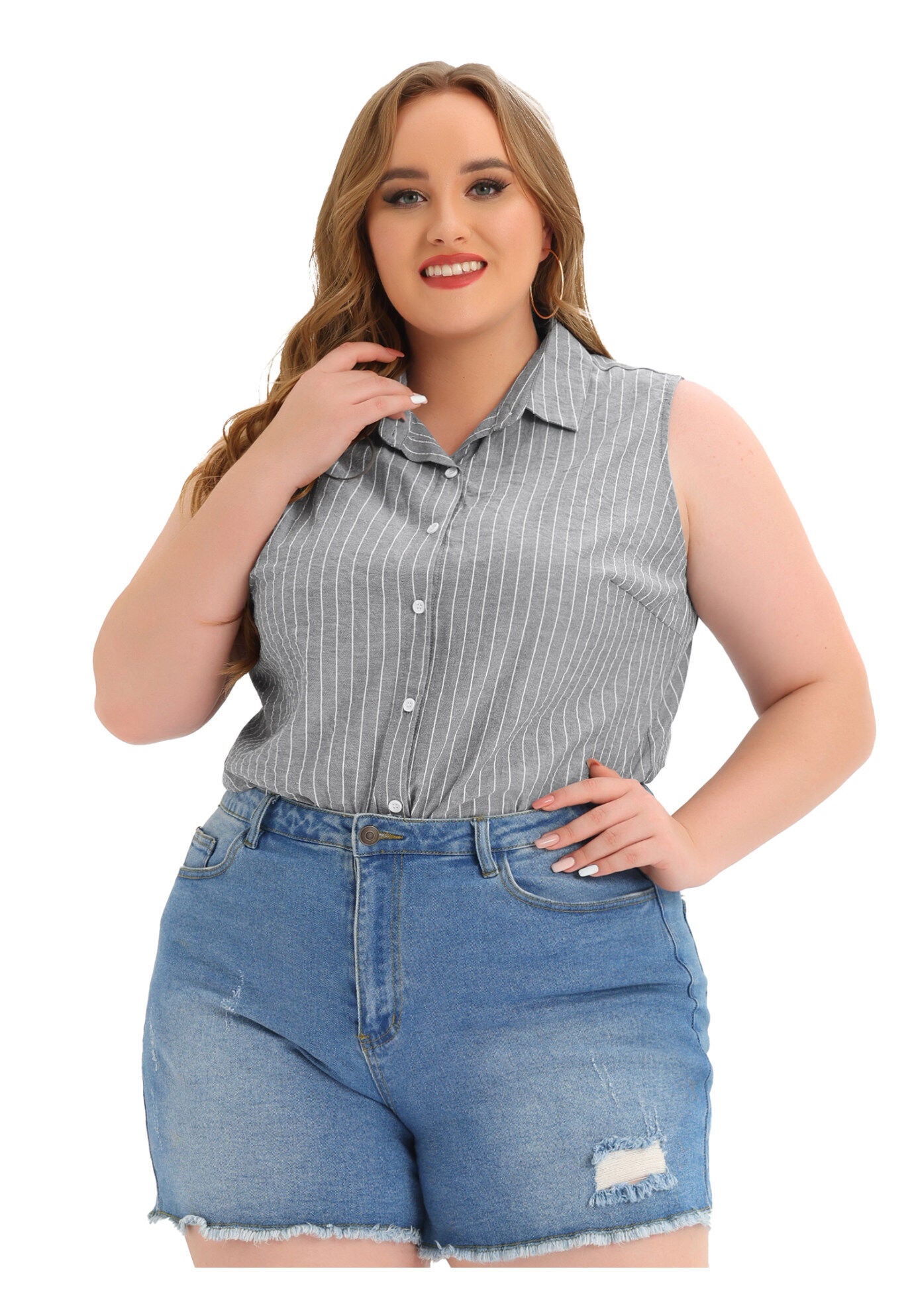 SLEEVELESS TOP SUMMER CASUAL BUTTON DOWN TANK SHIRT, Black / Black, alternate image number 1