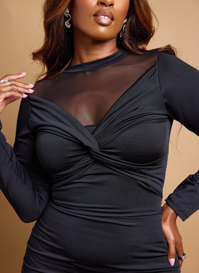 ADDISON MESH DETAIL MIDI DRESS, Black / Black, alternate image number 2