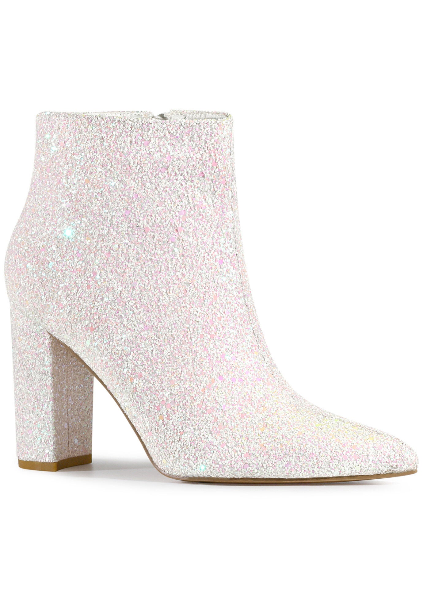 Glitter Pointed Toe Chunky Heels Sparkly Booties, White / White, hi-res image number 0