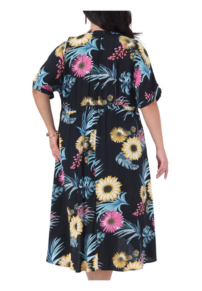 Floral Print Short Sleeve Kimono Cardigan Loose Beach Wear Cover Up, Black / Black, alternate image number 3