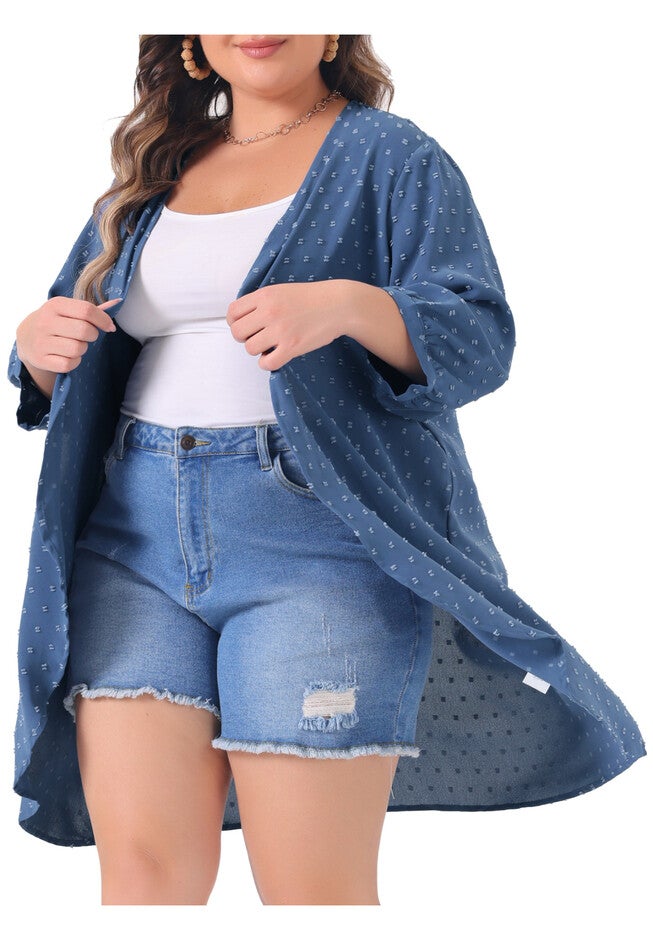 OPEN FRONT 3/4 SLEEVE SWISS DOTS LIGHTWEIGHT COVER UP CARDIGAN, Blue / Dusty Blue, alternate image number 1