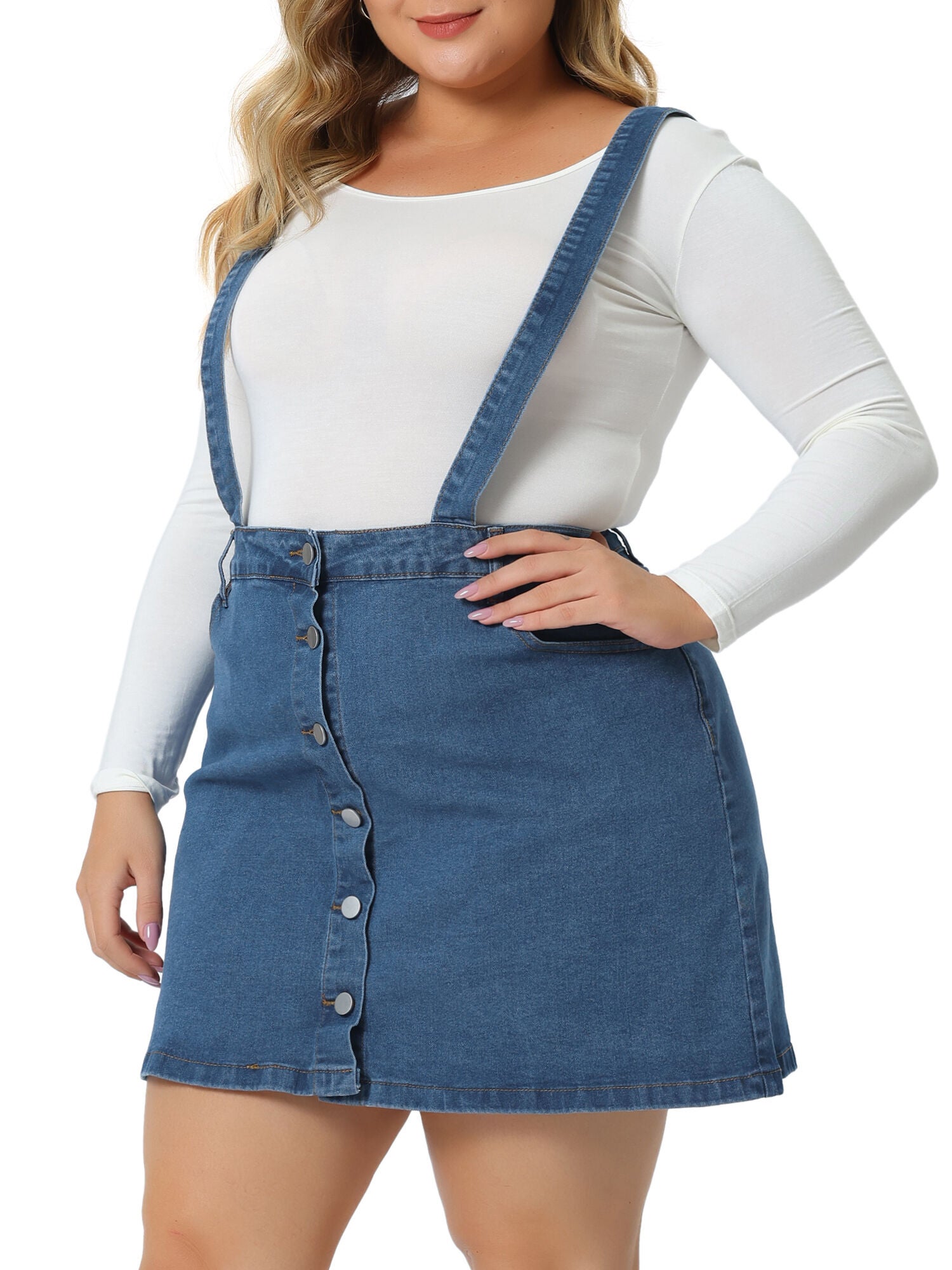 Suspender Skirt Adjustable Strap Cross Back Mini Denim A-Line Overall Dress, Blue / Chambray Denim Medium, alternate image number 1