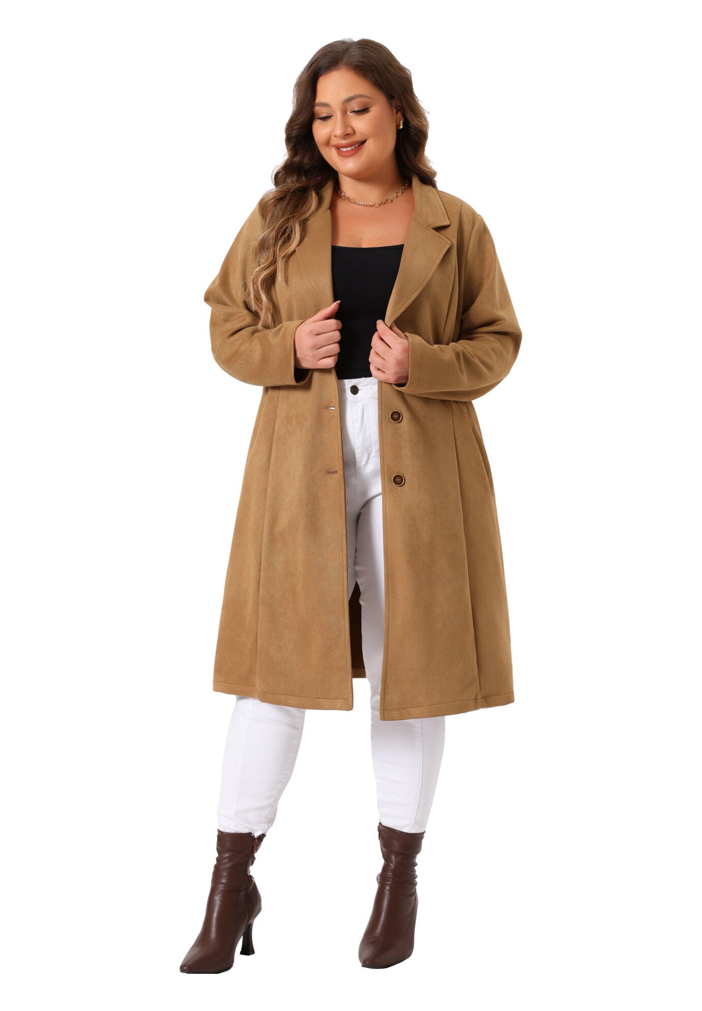 NOTCH LAPEL FAUX SUEDE LONG TRENCH COAT, Brown / Brown, hi-res image number 0