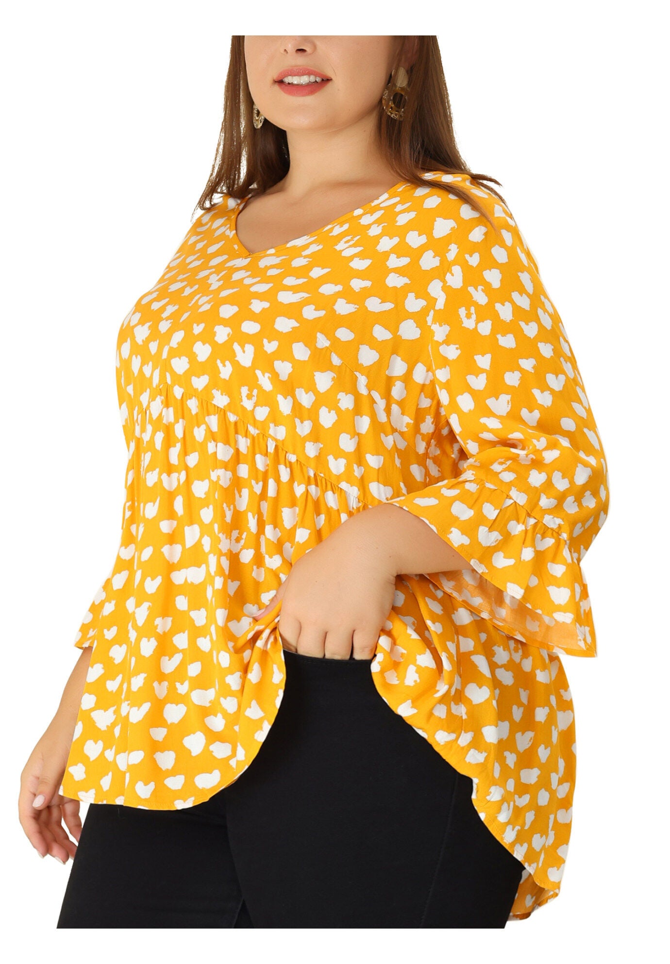 Polka Dots Blouse 3/4 Ruffle Sleeve Peplum Top, Yellow / Yellow, alternate image number 3