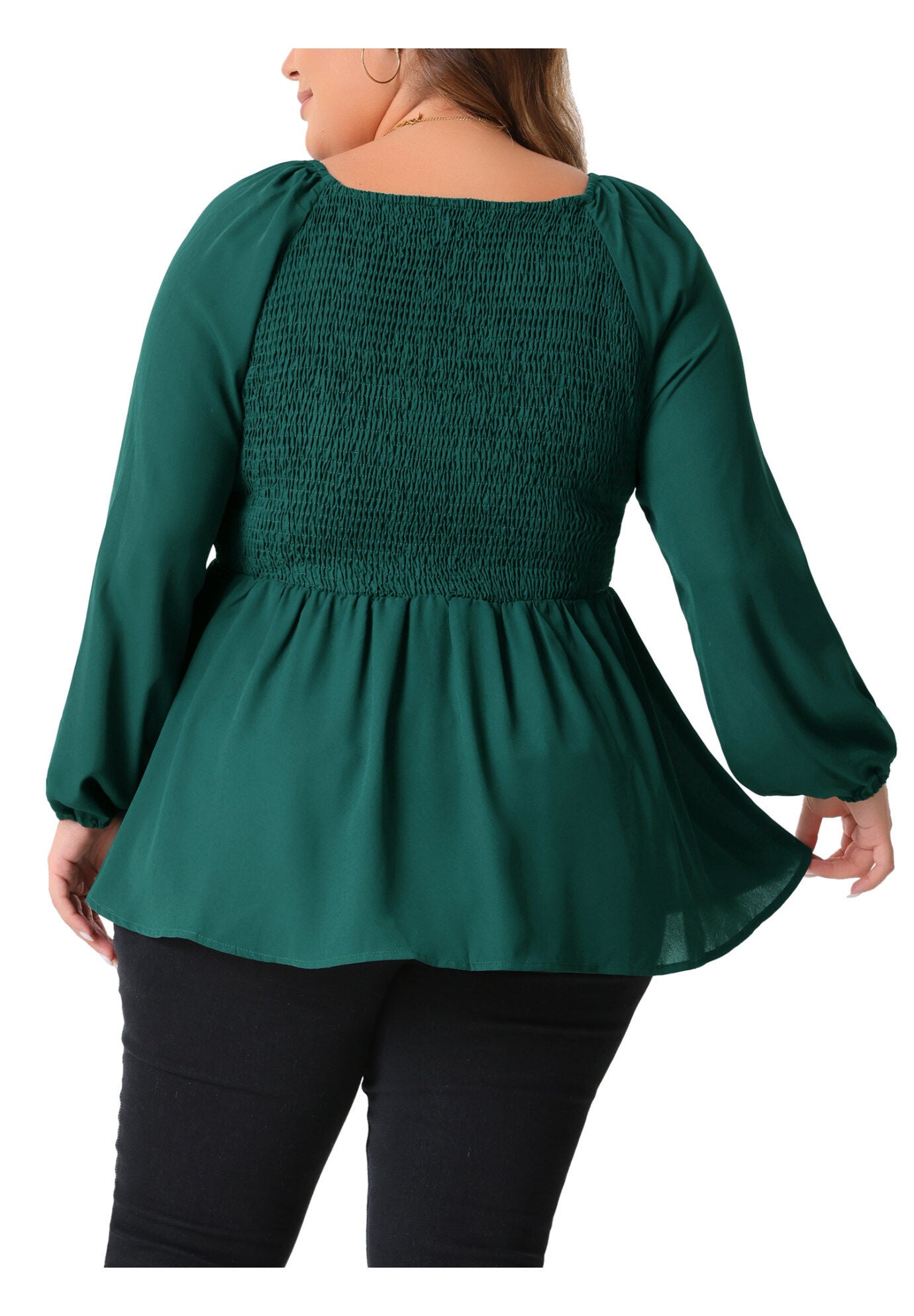 Smocked Peplum Crew Neck Long Sleeve Babydoll Chiffon Shirt Top, Green / Hunter Green, alternate image number 2