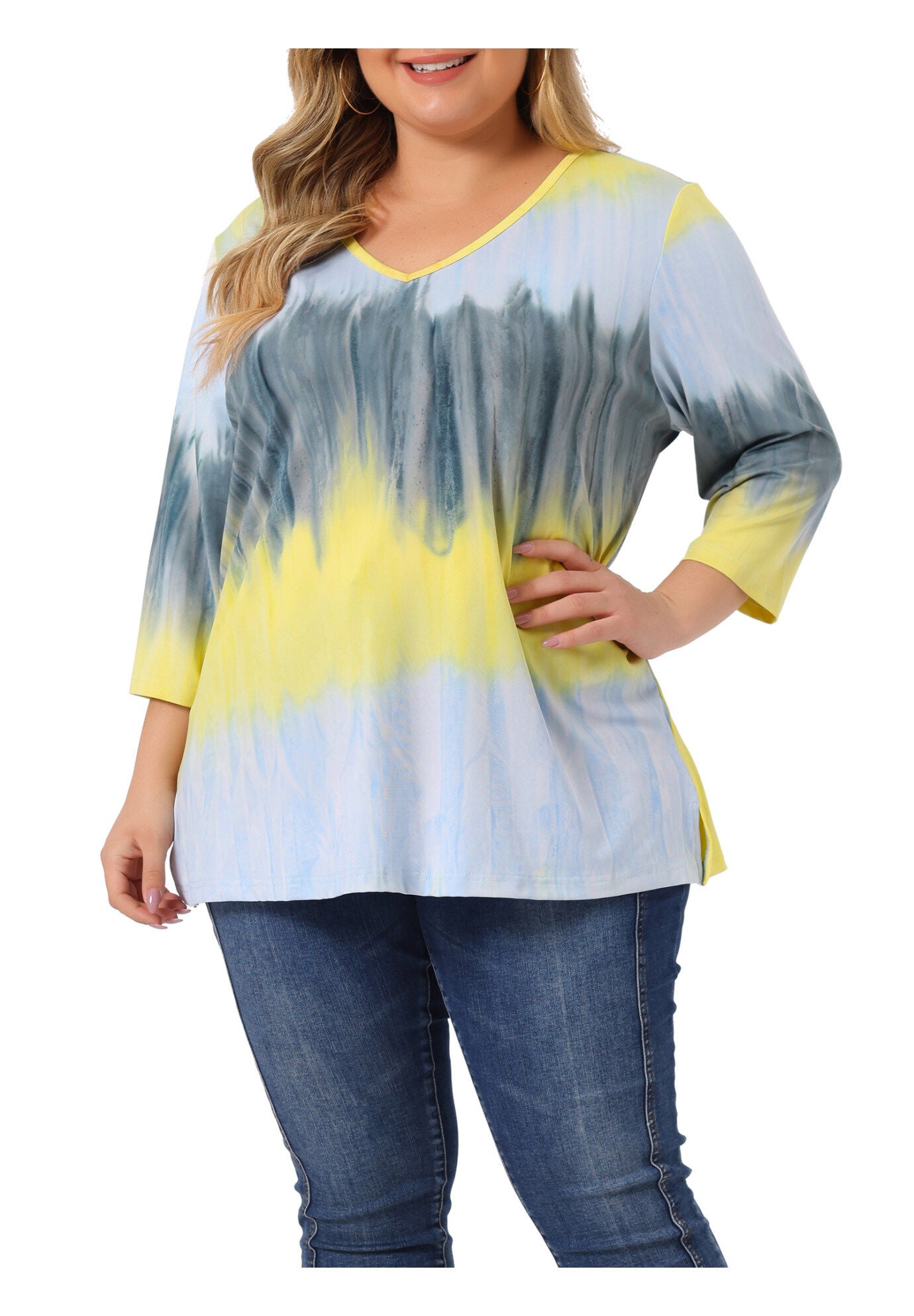 V Neck 3/4 Sleeve Loose Casual Striped Tie Dye Print T-Shirt Top, Gray Yellow / Dusty Blue, alternate image number 3