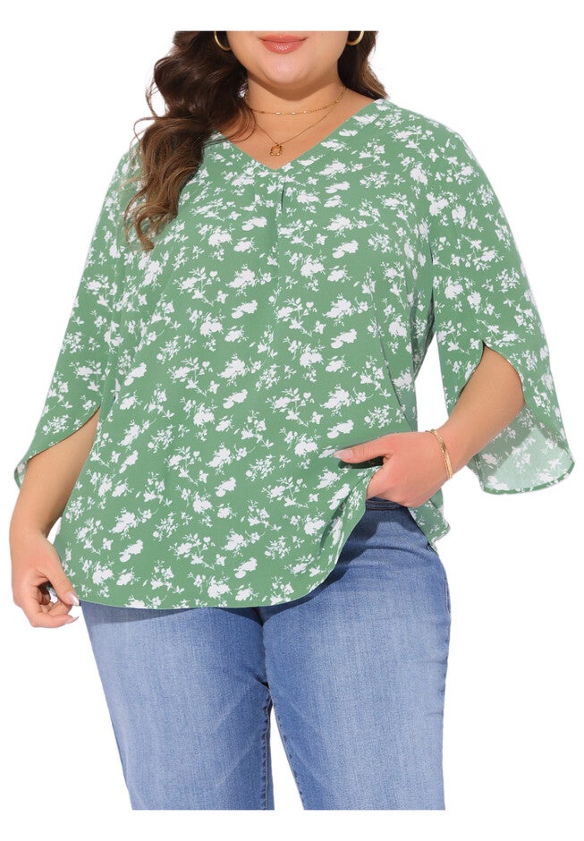 3/4 Sleeve V Neck Chiffon Shirt Tunic Top, Green / Light Green, alternate image number 2
