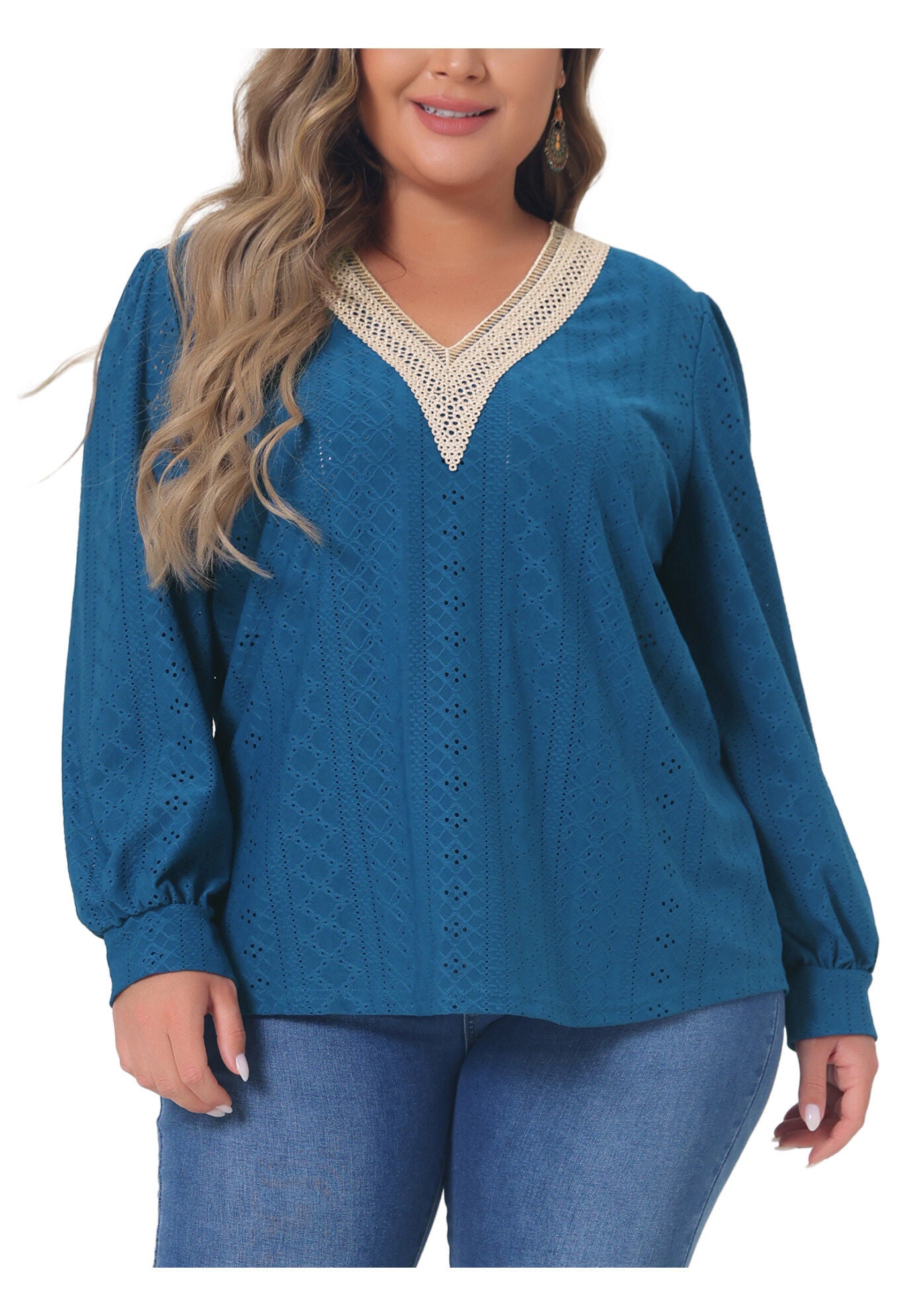 Lace V Neck Petal Long Sleeve Blouse Eyelet Hollow Top, Navy / Navy, alternate image number 1