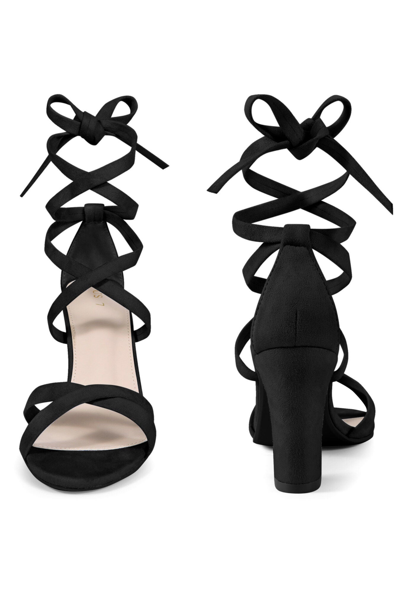 Strappy Lace Up Block Heel Sandals, Black / Black, alternate image number 2