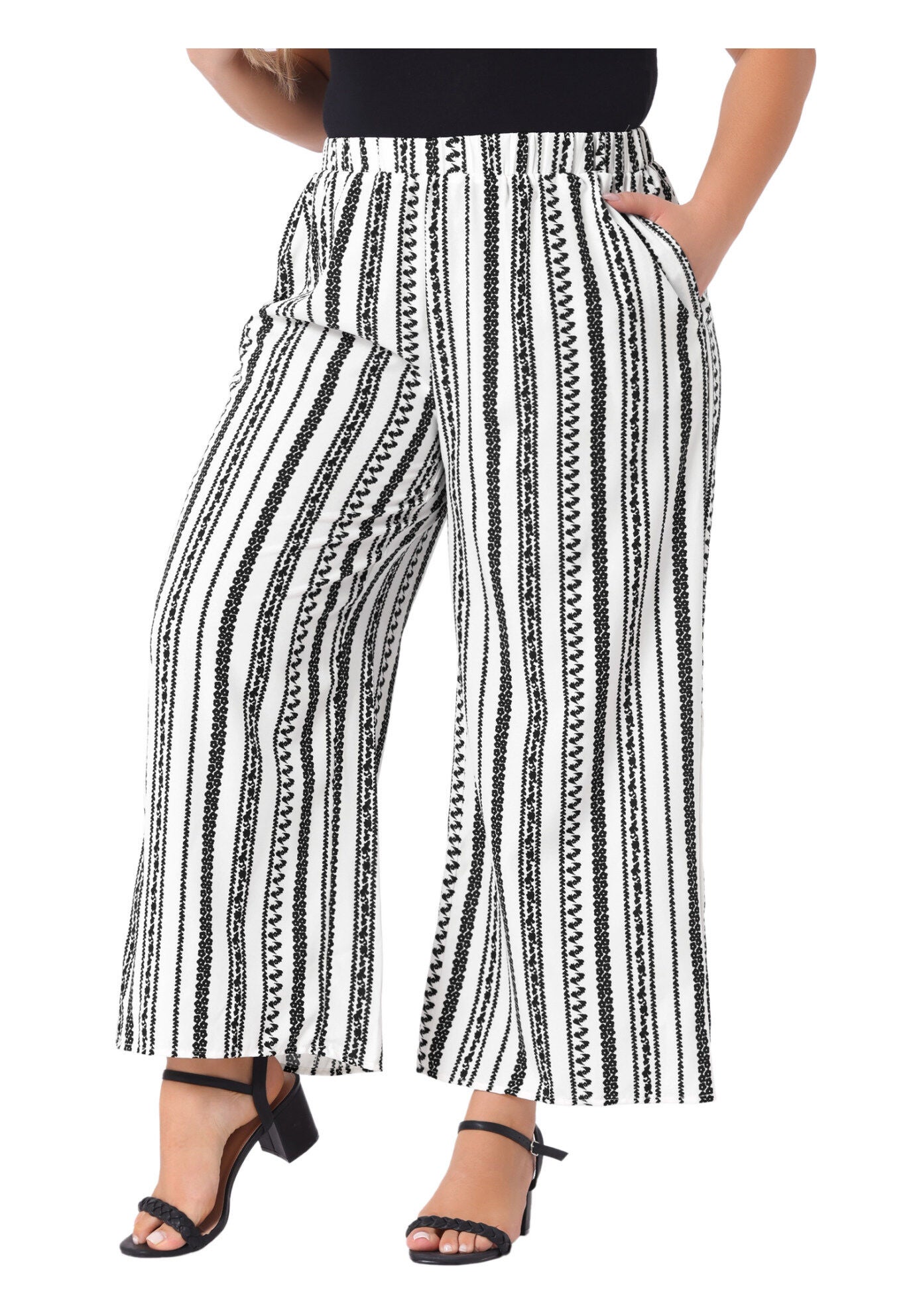 STRIPE BOHO WIDE LEG PAPER BAG PALAZZO PANTS, White Black / White, alternate image number 1