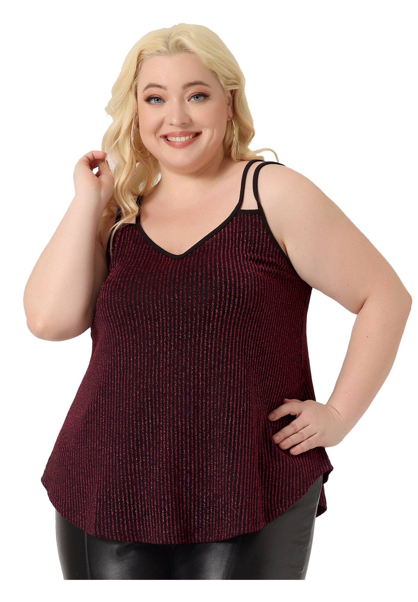 Sleeveless V Neck Tank Cami Party Glitter Sparkle Top, Burgundy / Red, alternate image number 1