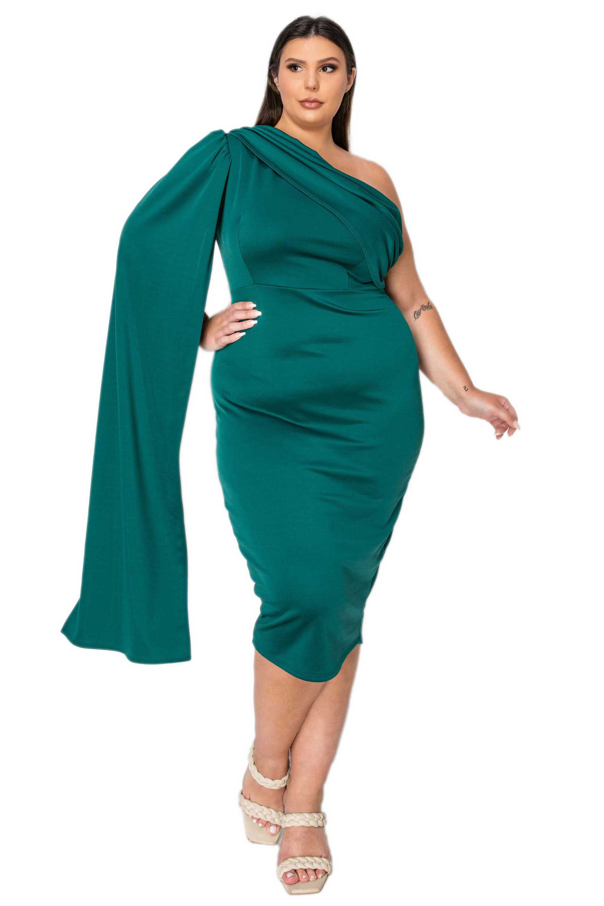 SPADE ONE SHOULDER CAPE DRESS, Emerald / Forest Green, hi-res image number 0