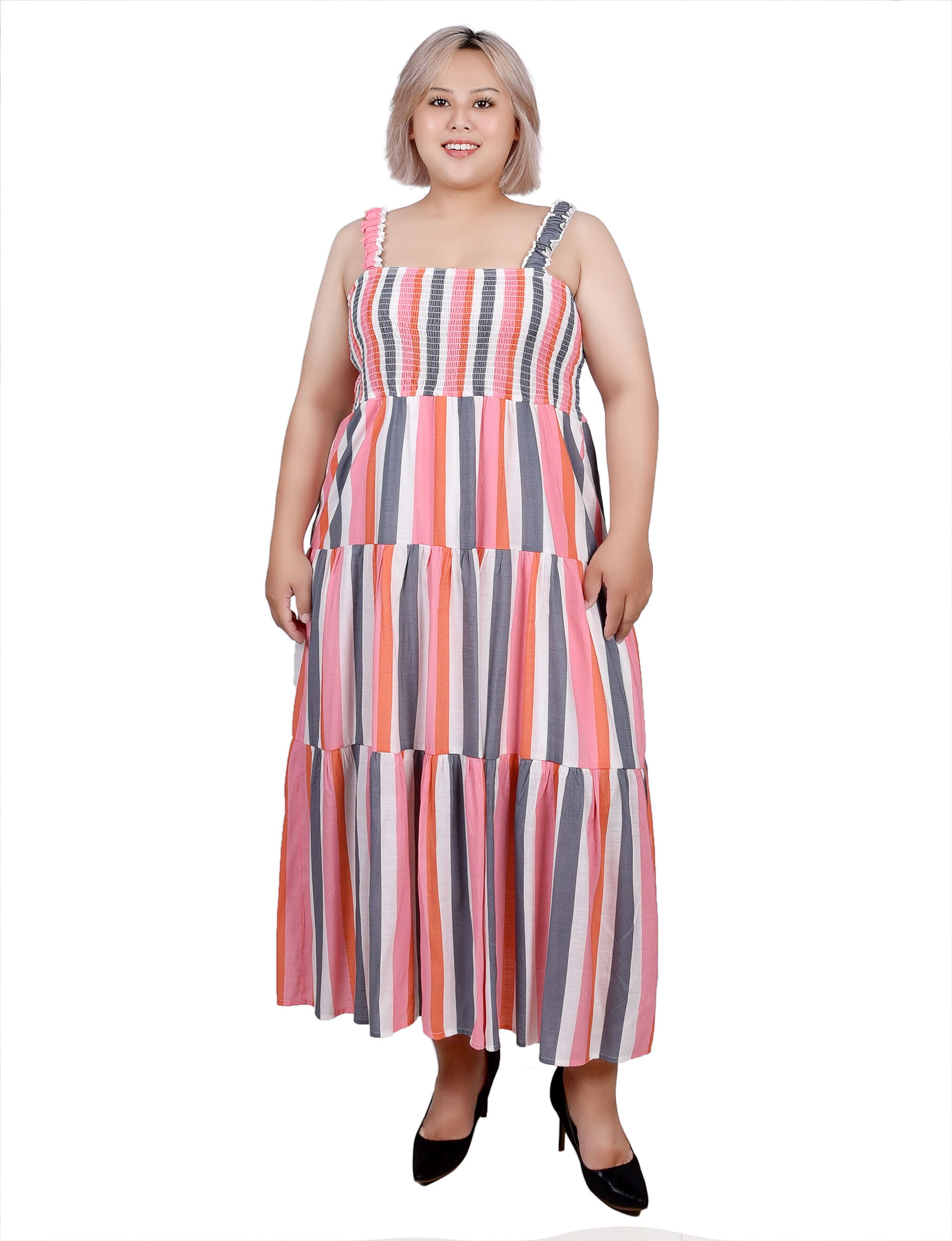 Smocked-Bodice Tiered Dress, Peach Pink Stripe / pink, hi-res image number 0