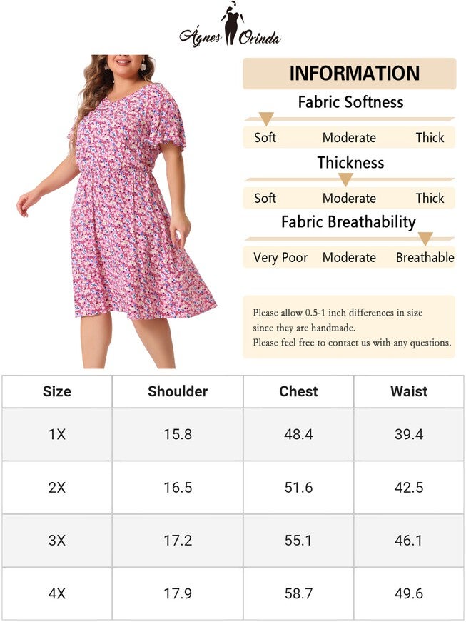 Summer V Neck Flare Sleeve Peplum Midi Ruffle Dress, Dark Pink / Pink, alternate image number 4