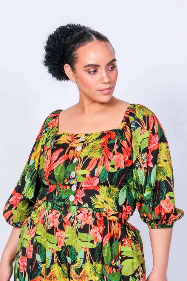 Teena Puff Sleeve Crop Top, Tropics / Forest Green, hi-res image number 0