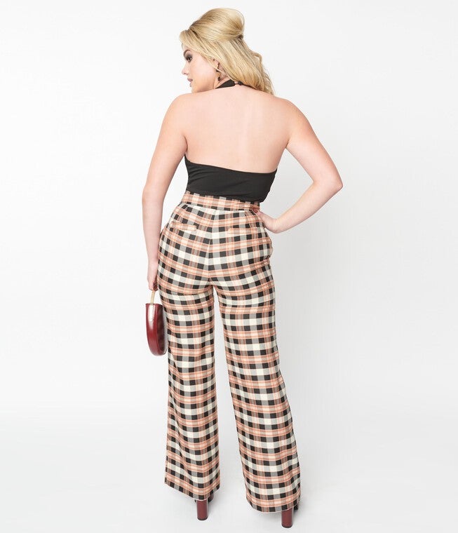 Unique Vintage Black & Tan Plaid Sailor Pants, Orange / Orange, alternate image number 2