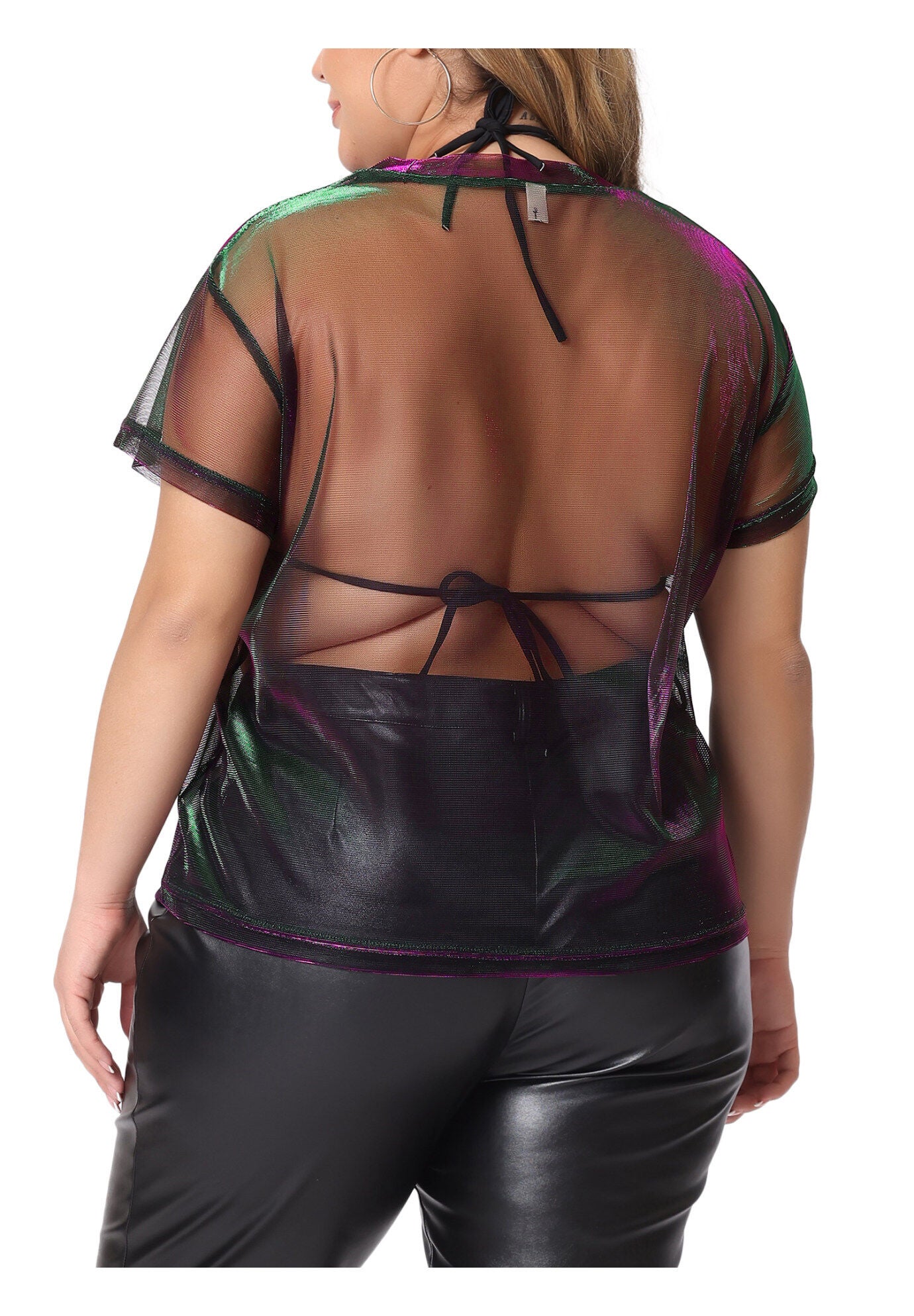 DROP SHOULDER SHEER MESH TOP, Purple Green / Hunter Green, alternate image number 3
