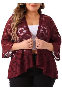 OPEN FRONT 3/4 BELL SLEEVE SHEER LIGHTWEIGHT LACE COVER UP CARDIGAN