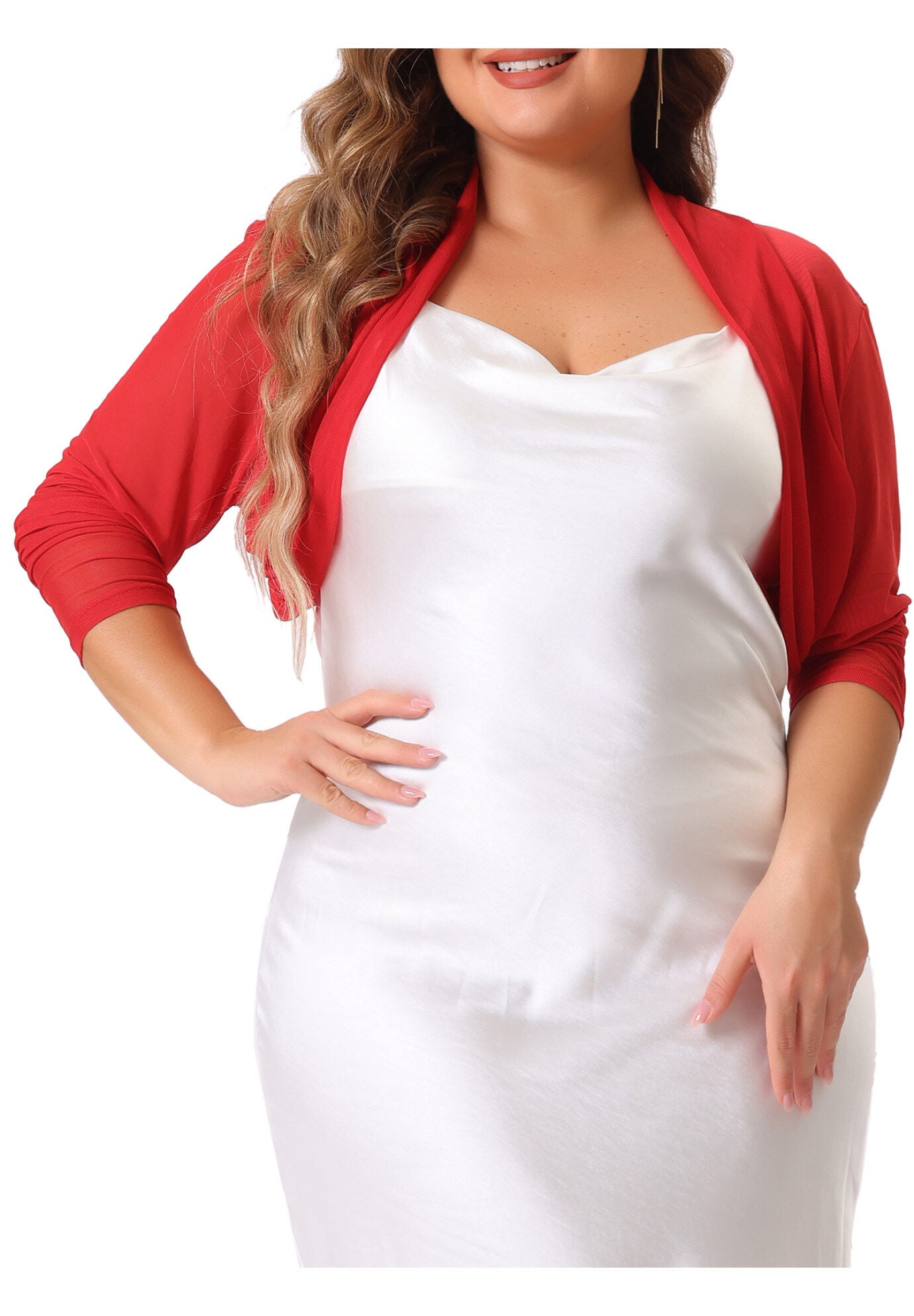 LONG SLEEVE SHEER BOLERO SHRUG MESH CROP CARDIGAN, Red / Red, alternate image number 3