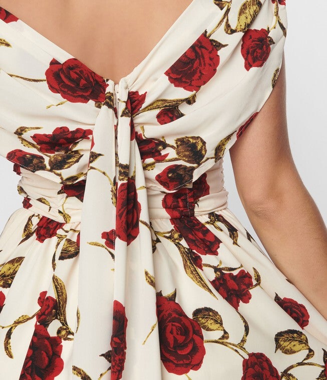 Unique Vintage White & Red Roses Off The Shoulder Tea Length Dress, White Red Roses / White, alternate image number null