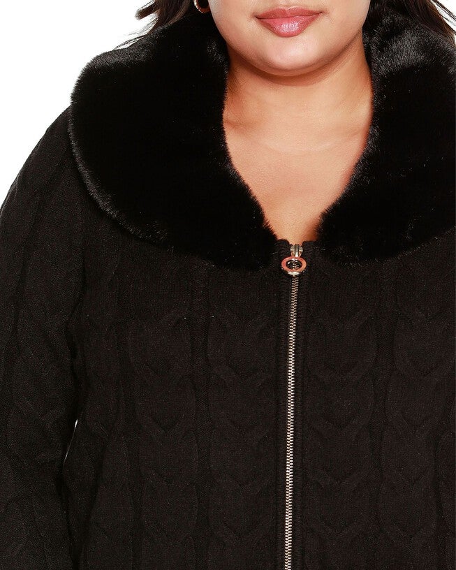 Faux Fur Collared Cable Cardigan, , alternate image number 8