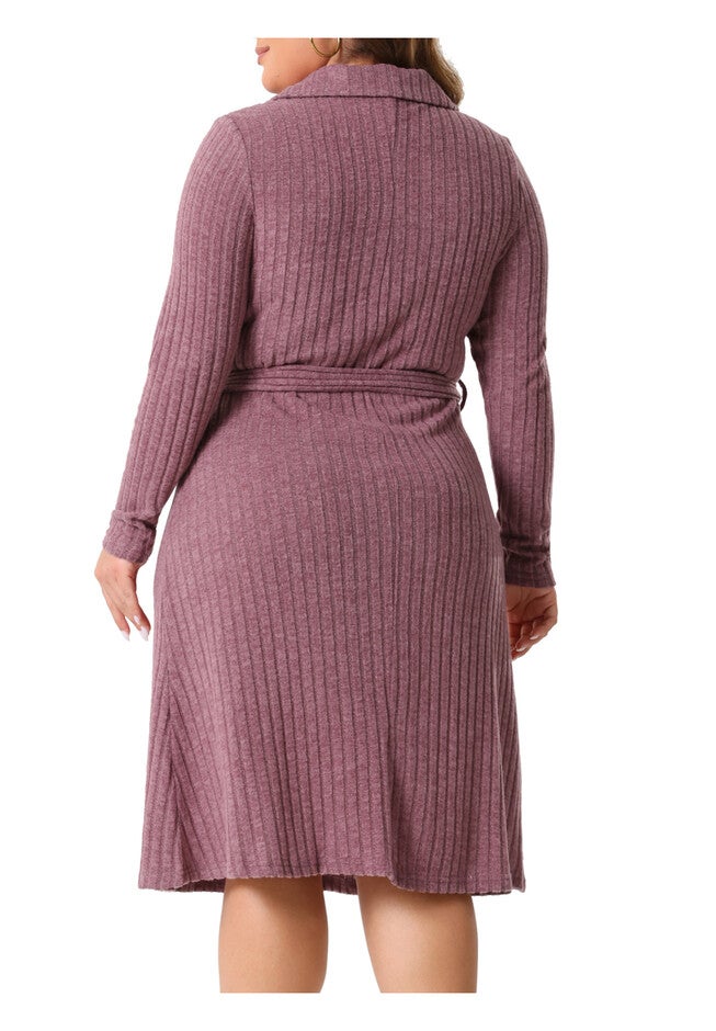 Ribbed Sweater Half Zip Front Tie Waist Knit Midi Dress with Belt, Purple / Purple, alternate image number 3