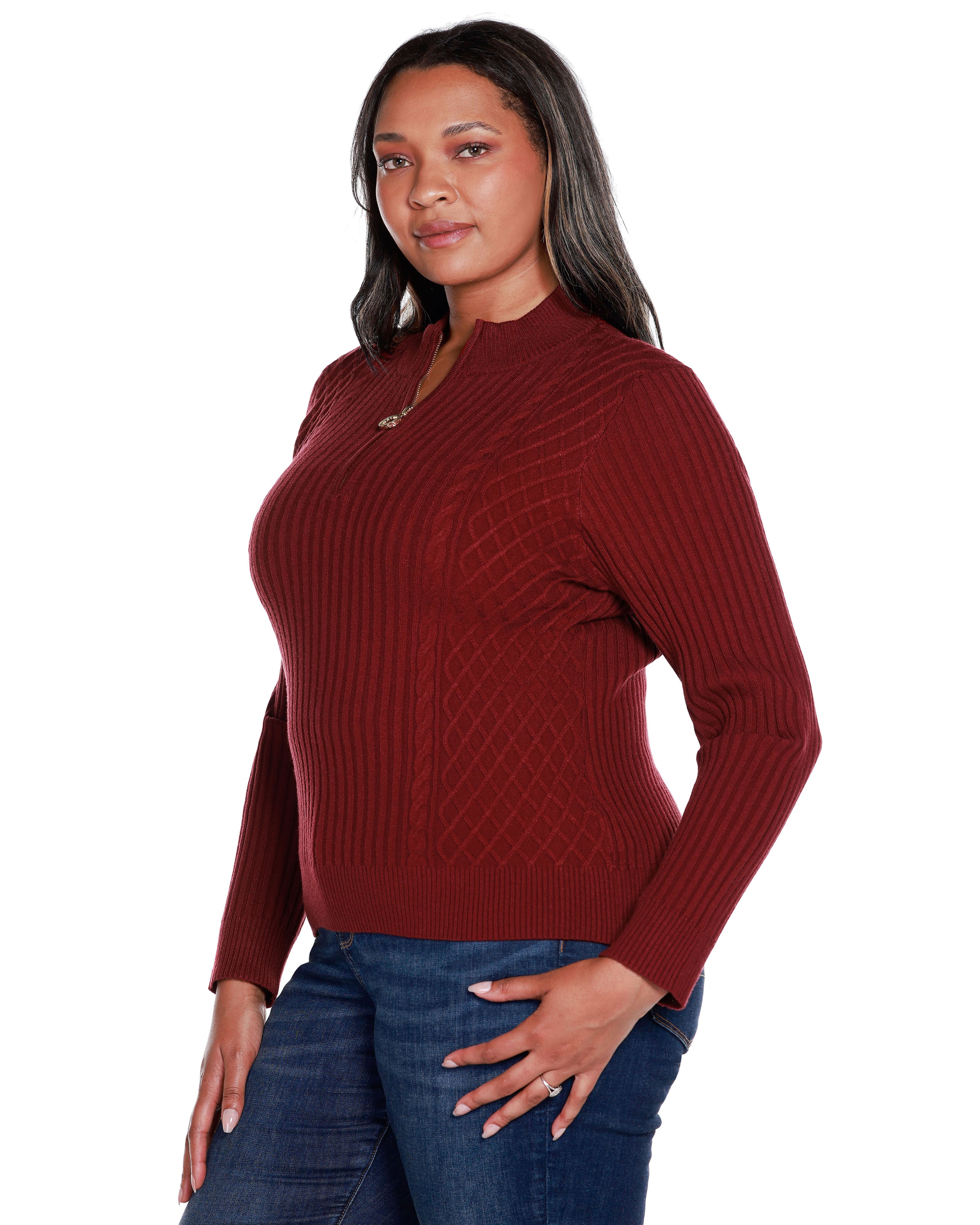 RIB AND CABLE QUARTER-ZIP SWEATER, Cranberry / New Wine, alternate image number 2