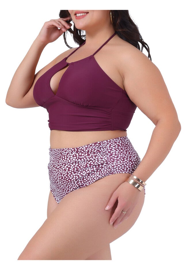 2 Piece Halter Ruched Polka Dots Solid High Waisted Swimsuit Set, Burgundy / Burgundy, alternate image number 1