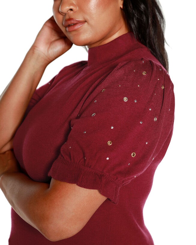 Embellished Puff-Sleeve Sweater, Cranberry / Red, alternate image number null
