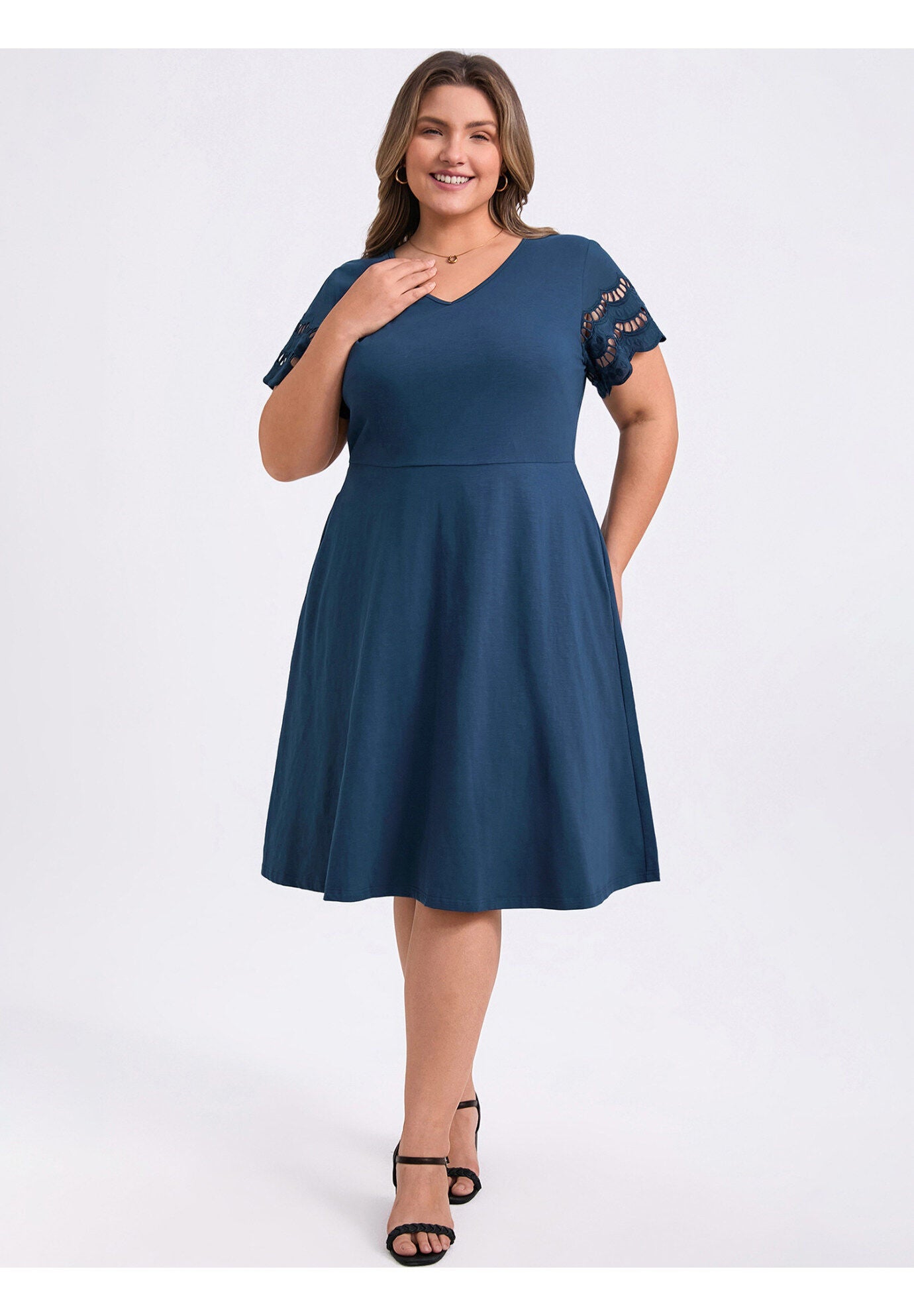 V Neck Embroidered Hollow Eyelet Short Sleeve Midi Casual Dress with Pockets, Navy Blue / Navy, alternate image number 1