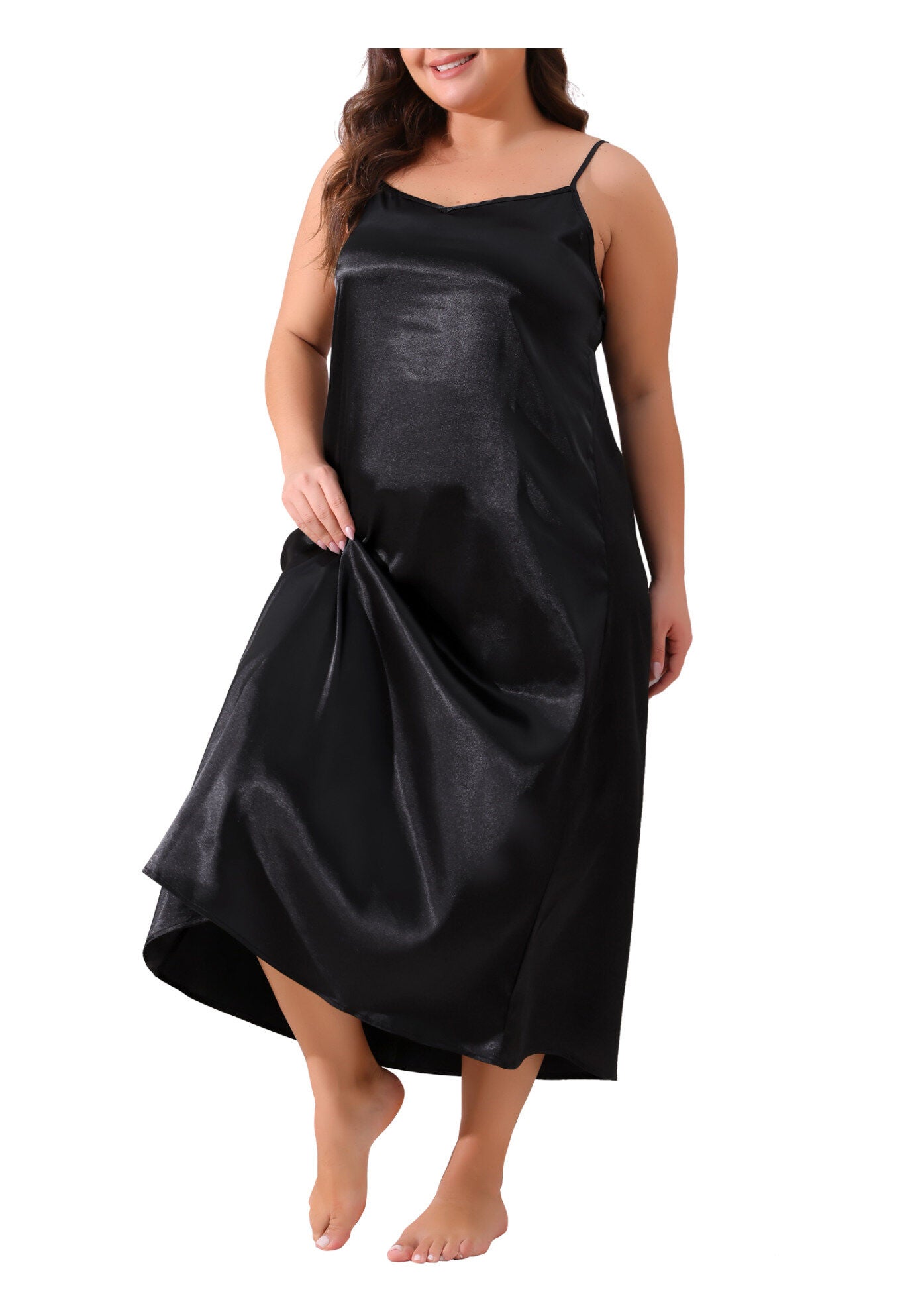 V Neck Satin Pajamas Sleeveless Cami Slip Dress, Black / Black, alternate image number 2