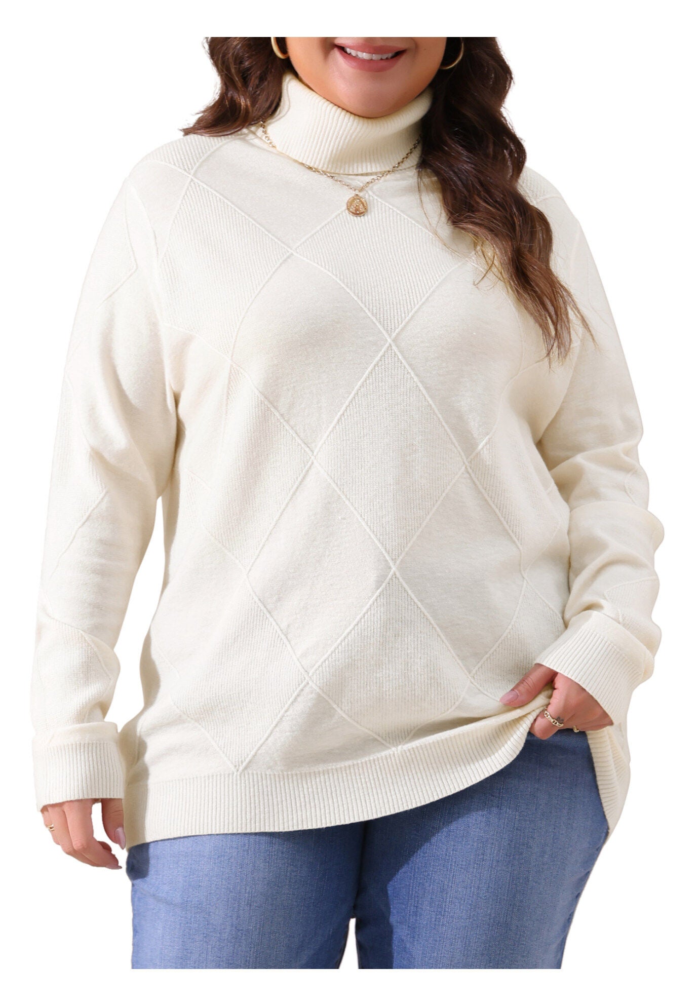 Lightweight Long Sleeve Turtleneck Pullover Sweater, Cream White / Cream, alternate image number 2
