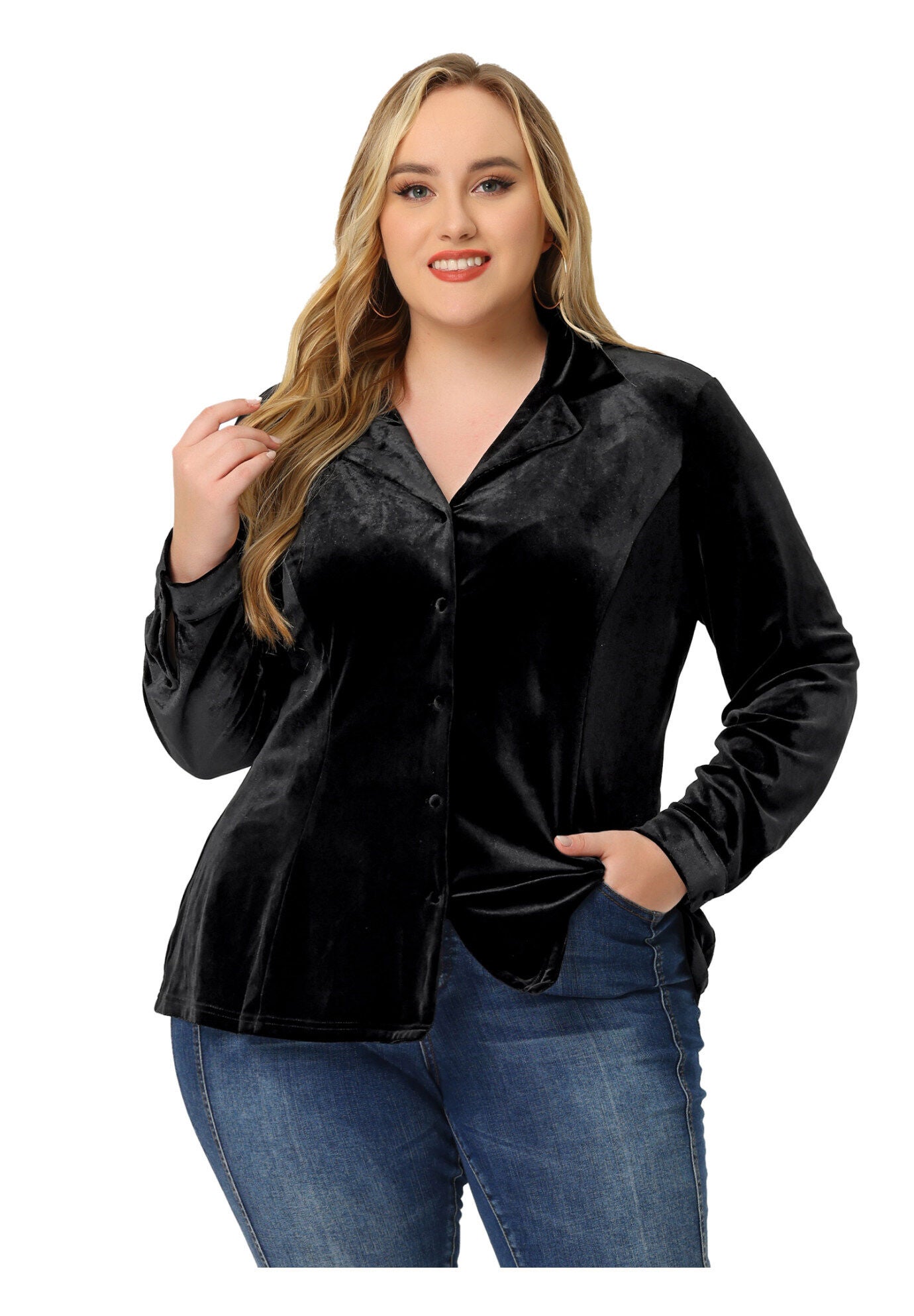 Velvet Lapel Long Sleeve Button Down Shirt, Black / Black, hi-res image number 0