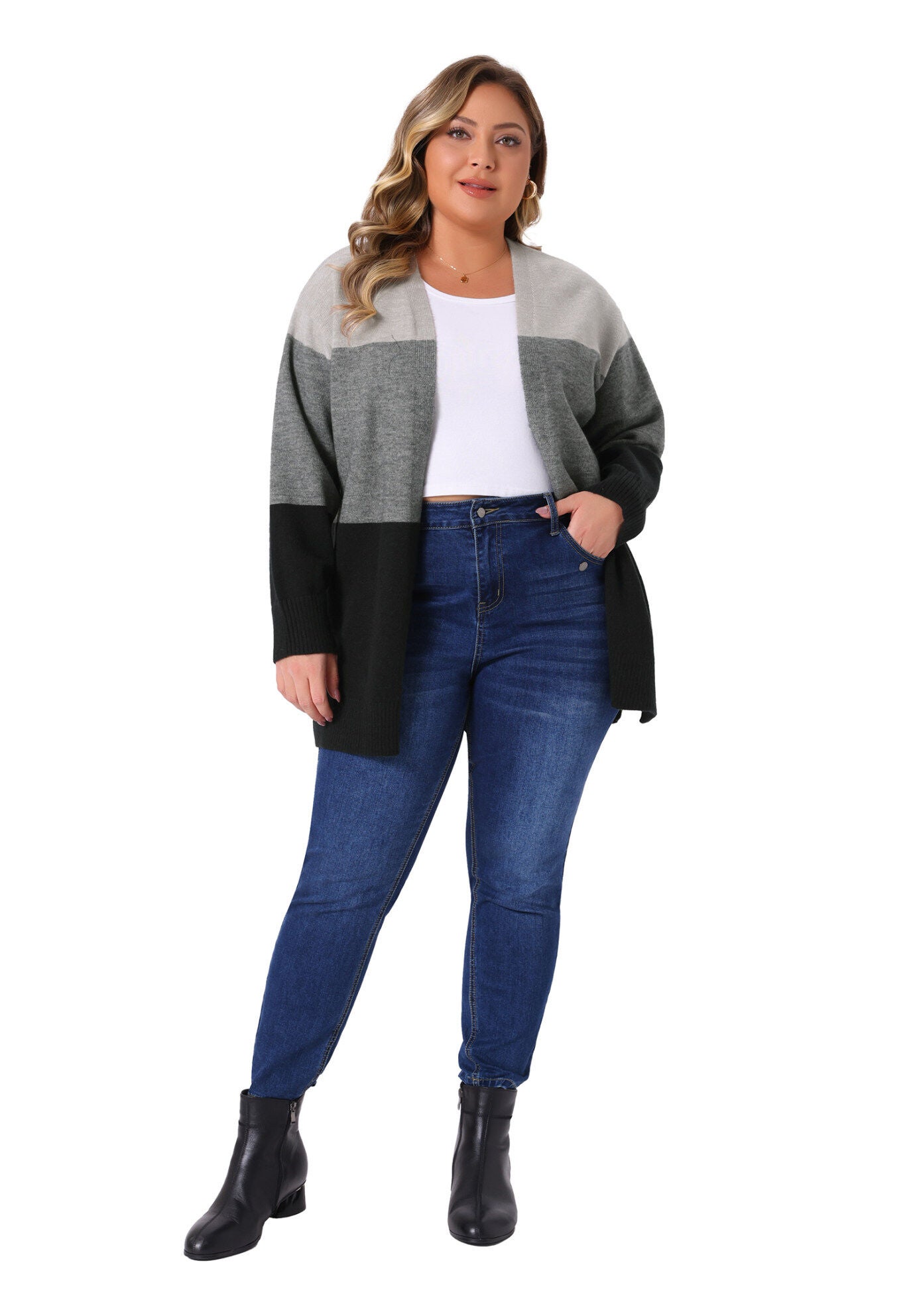 Striped Color Block Long Sleeve Knit Cardigan, Black Grey / Black, hi-res image number 0