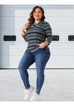 Stripe 3/4 Sleeve Tunic V Neck Knit Blouse