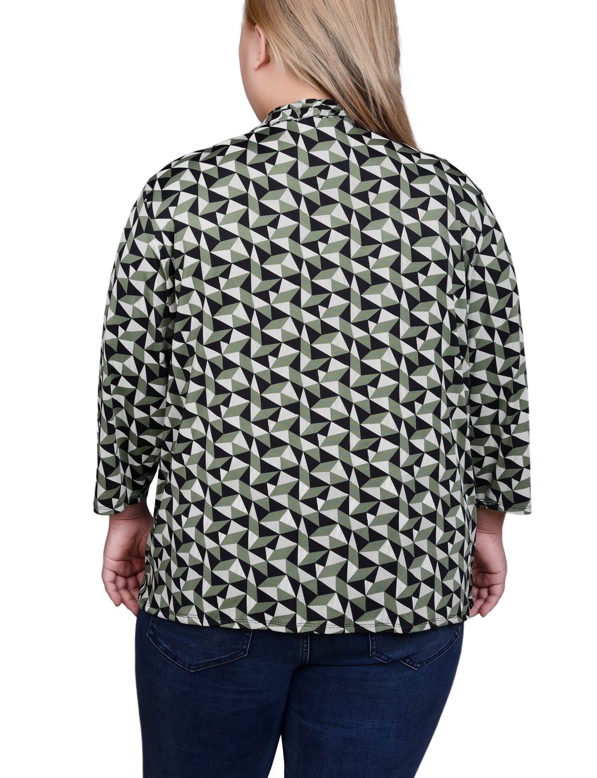 Puff Print 3/4 Sleeve Two-Fer Top, Sage Pryamid, alternate image number 1