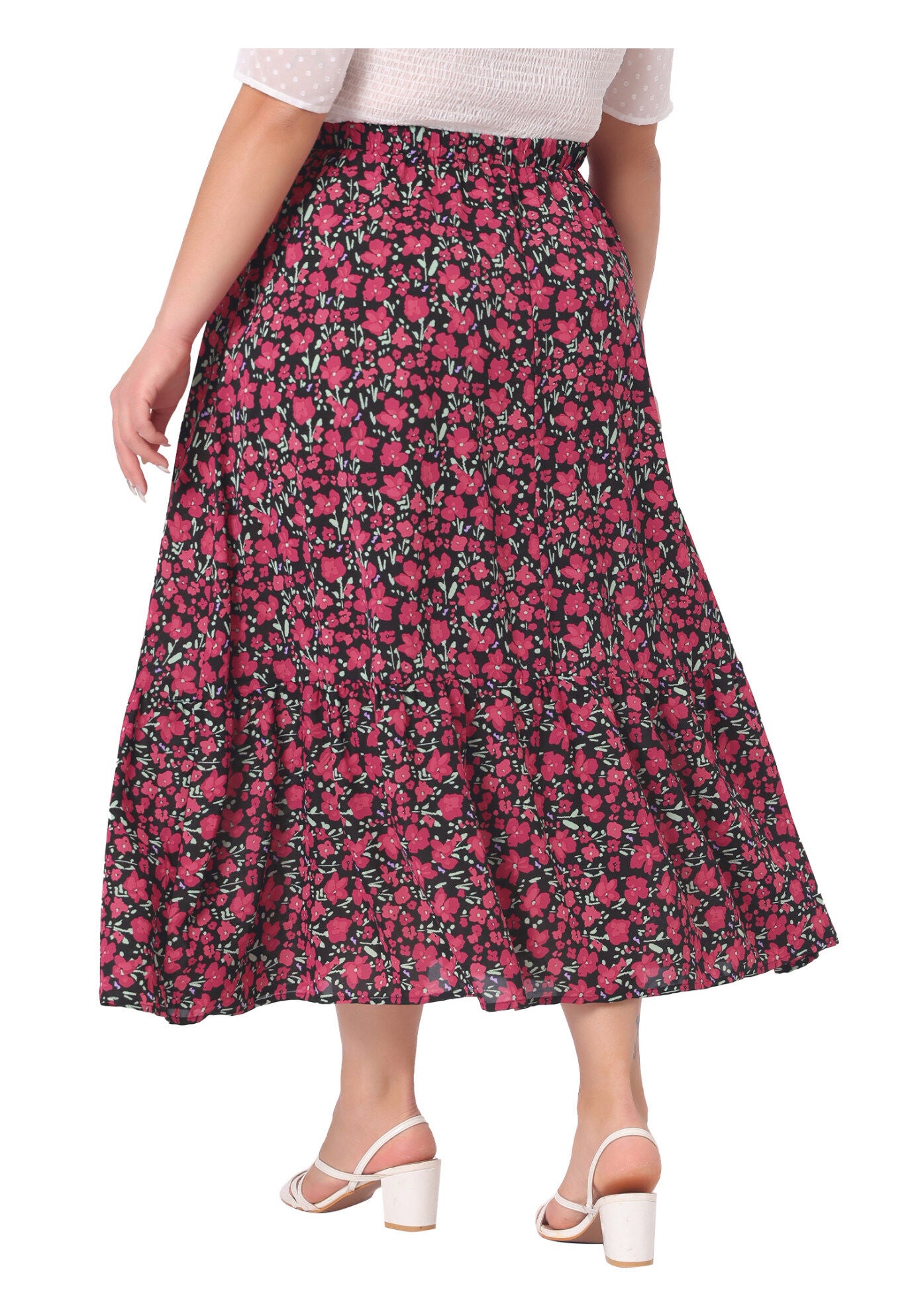 Summer Floral Flowy Stretchy Waist Layered A Line With Pocket Maxi Skirt, Black / Black, alternate image number 3